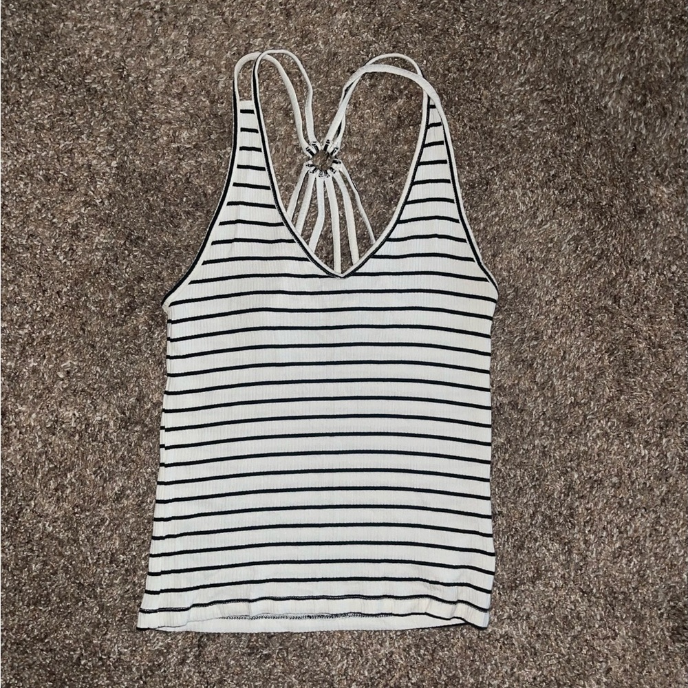 Striped white and black ribbed American eagle tank top